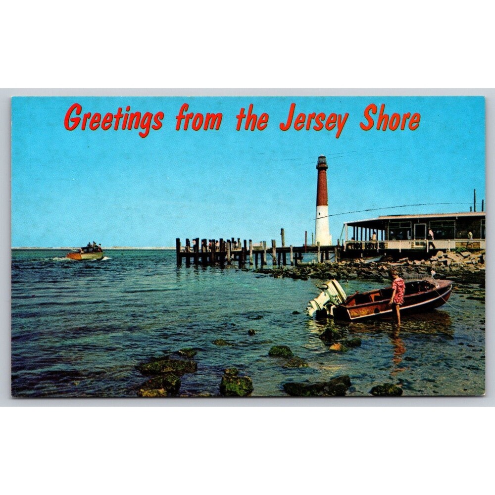 Postcard New Jersey Shore Greetings Barnegat Light Lighthouse Boats c1970s NJ